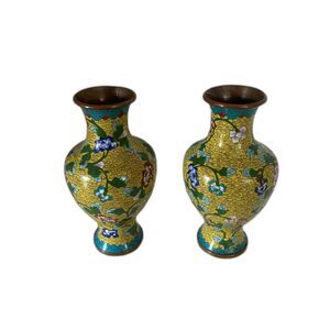 Two Vintage Chinese Cloisonné Brass Vases 8.25” High